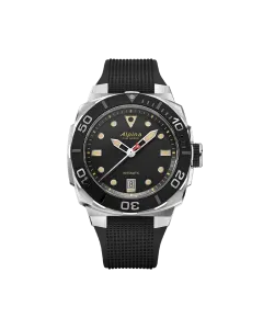 Alpina Seastrong Diver til herre med sort skive, sort gummirem og automatisk verk. 300 m vanntett.