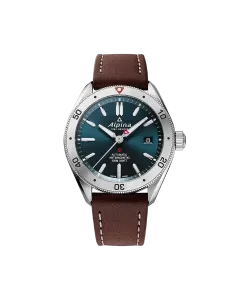 Alpina Alpiner 4 Automatic herreklokke med bl&aring; skive, kasse i st&aring;l og brun skinnrem