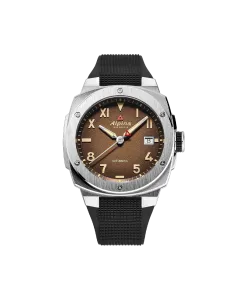 Alpina Alpiner Extreme Automatic California herreklokke med brun skive og sort gummirem med foldel&aring;s. Kasse i st&aring;l.