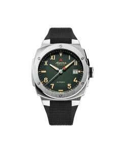 Alpina Alpiner Extreme Automatic California herreklokke med gr&oslash;nn skive, kasse i st&aring;l og sort gummirem med foldel&aring;s.