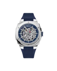 Alpina Alpiner Extreme Skeleton Automatic herreklokke med gjennomsiktig skive, kasse i st&aring;l og bl&aring; gummirem med foldel&aring;s.