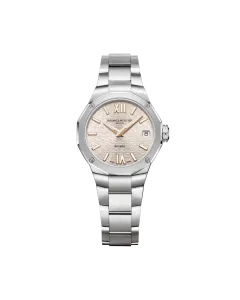 Baume & Mercier Rivera dameklokke med quartzverk p&aring; 33 mm. Kasse og lenke i st&aring;l, og en champagnefarget skive. 50 meter vanntett.
