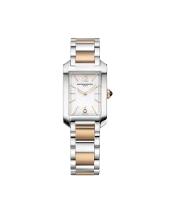 Baume & Mercier Hampton rektangul&aelig;r dameklokke med quartzverk, hvit skive og kasse og lenke i PVD-belagt st&aring;l.