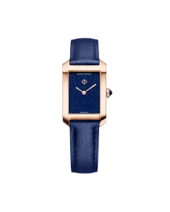 Baume & Mercier Hampton 10674 er en rektangul&aelig;r dameklokke - en gullklokke med bl&aring; rem. 50 meter vanntett.