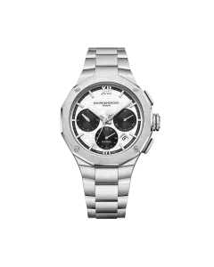 Baume & Mercier Riviera Chronograph med automatisk verk til herre p&aring; 41 mm. Hvit skive med sort chronograph og st&aring;llenke.
