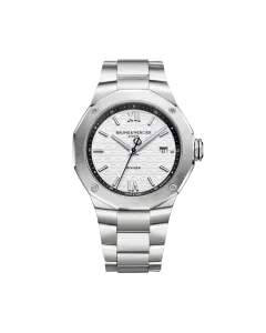 Baume & Mercier Riviera til herre p&aring; 42 mm med automatisk verk, gr&aring; skive og st&aring;llenke. 100 meter vanntett.