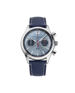 Frederique Contant Healey herreklokke med bl&aring; skive og chronograph. Automatisk verk og skinnrem.