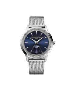 Frederique Constant Classics Moneta herreklokke p&aring; 37 mm med bl&aring; skive, lenke og quartzverk.