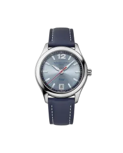 Frederique Constant Classics Vintage Rally Healey dameklokke med lysbl&aring; skive, kasse i st&aring;l og bl&aring; skinnrem