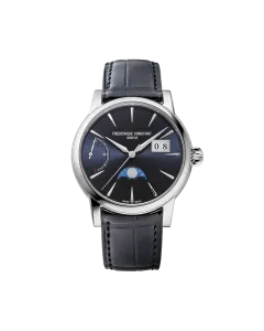 Frederique Constant Classic Power Reserve Big Date Manufacture pent herreur med m&aring;nefase, gangreserveindikator og dato p&aring; skiven.