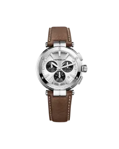 Herbelin Newport Chrono 37658AP42MA herreklokke i st&aring;l med s&oslash;lvfarget skive, brun skinnrem og quartzverk.