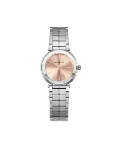 Herbelin Newport Slim dameklokke i st&aring;l med tynn kasse, rosa skive, quartzverk og lenke.
