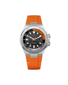 Herbelin Cap Camarat dykkerklokke til herre med sort skive, oransje gummirem og automatisk verk.