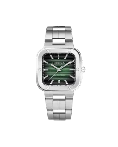 Herbelin Cap Camarat Square herreklokke med gr&oslash;nn skive, st&aring;llenke og automatisk verk.
