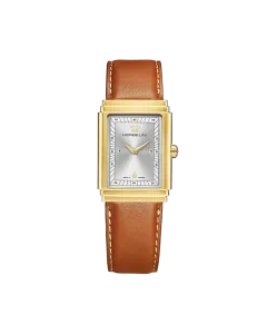 Herbelin Art Deco 1925's herreklokke med gullfarget kasse, s&oslash;lvfarget skive, brun skinnrem og quartzverk. 