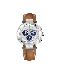 Herbelin Newport Chrono 37688a42gd herreklokke p&aring; 43 mm med quartzverk, s&oslash;lvget skive og skinnrem. Vanntett til 100 meter.