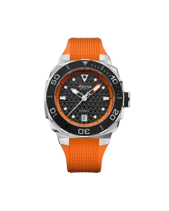Alpina Seastrong Diver Extreme Automatic herreklokke med sort og oransje skive, kasse i st&aring;l og oransje gummirem med foldel&aring;s.