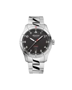Alpina Startimer Pilot Automatic herreklokke p&aring; 41 mm med sort skive, kasse og lenke i st&aring;l. 100 meter vanntett.