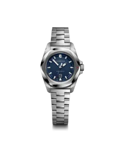 Victorinox I.N.O.X. Small dameklokke med quartzverk, bl&aring; skive, kasse og lenke i st&aring;l. 100 meter vanntett.