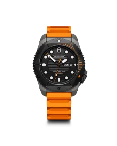 Victorinox Dive Pro Automatic dykkerur til herre p&aring; 43 mm med automatisk verk, sort skive, kasse i titan og oransje gummirem.