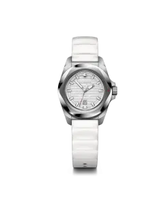 Victorinox I.N.O.X dameklokke med hvit skive, kasse i st&aring;l og gummirem.