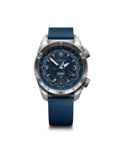 Victorinox Air Pro GMT Automatic herreklokke p&aring; 43 mm med bl&aring; skive og bl&aring; gummirem. 200 meter vanntett.