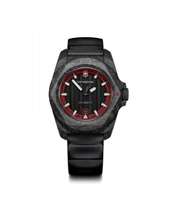 Victorinox I.N.O.X. herreklokke med automatisk verk, sort og r&oslash;d tallskive og sort gummirem.