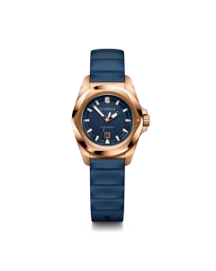 Victorinox I.N.O.X. Small dameklokke med quartzverk, bl&aring; skive, kasse i rosegullfarge og gummirem.v