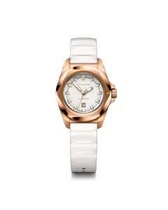 Victorinox I.N.O.X. Small dameklokke med rosegullfarget kasse, hvit tallskive og hvit gummirem.