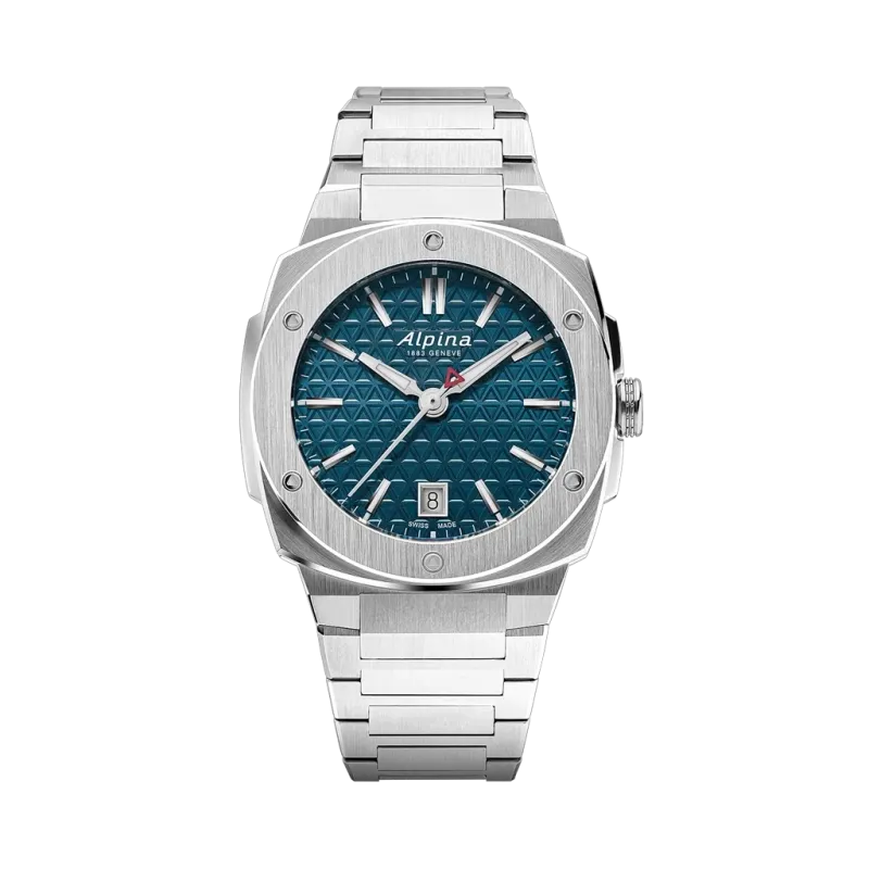 Alpina Alpiner Extreme Quartz på 35,2 mm med kasse og lenke i stål og blå skive.