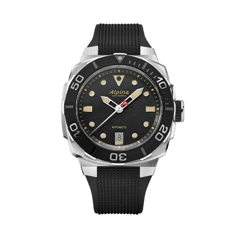 Alpina Seastrong Diver til herre med sort skive, sort gummirem og automatisk verk. 300 m vanntett.