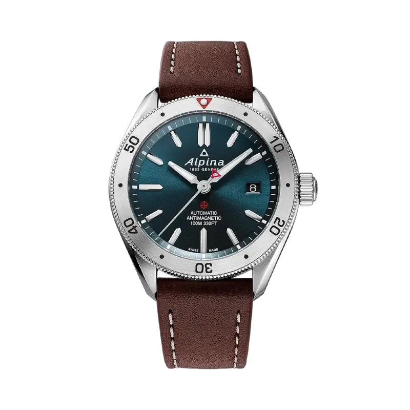 Alpina Alpiner 4 Automatic herreklokke med blå skive, kasse i stål og brun skinnrem
