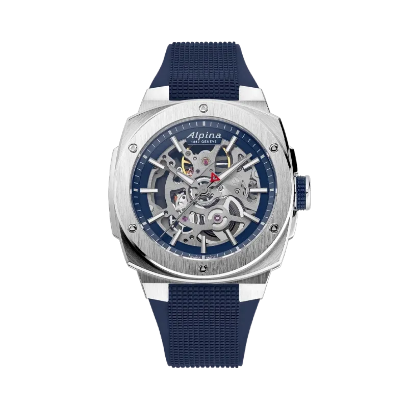 Alpina Alpiner Extreme Skeleton Automatic herreklokke med gjennomsiktig skive, kasse i stål og blå gummirem med foldelås.