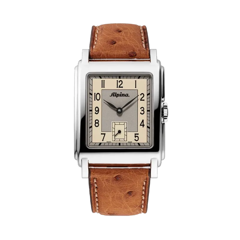 Alpina Heritage Carree Automatic 140 Years rektangulær herreklokke med lys tallskive, kasse i stål og rem av strutseskinn.