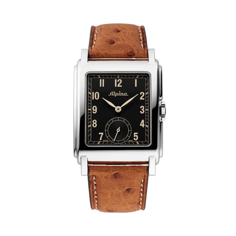 Alpina Heritage Carree rektangulær herreklokke med sort skive, automatikkverk og brun skinnrem.
