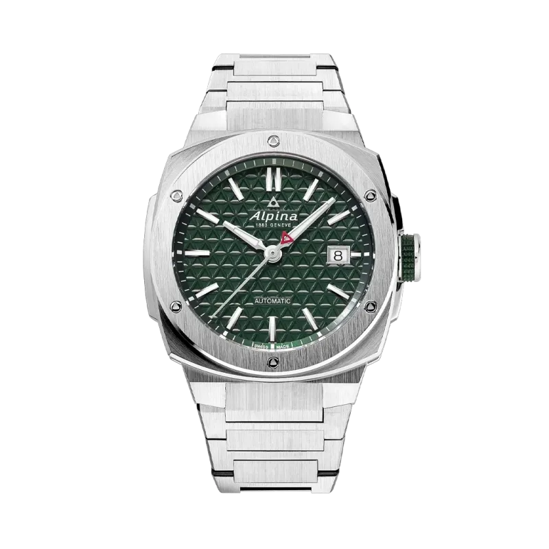 Alpina Alpiner Extreme Automatic herreklokke med automatisk verk, kasse og lenke i stål og grønn tallskive.