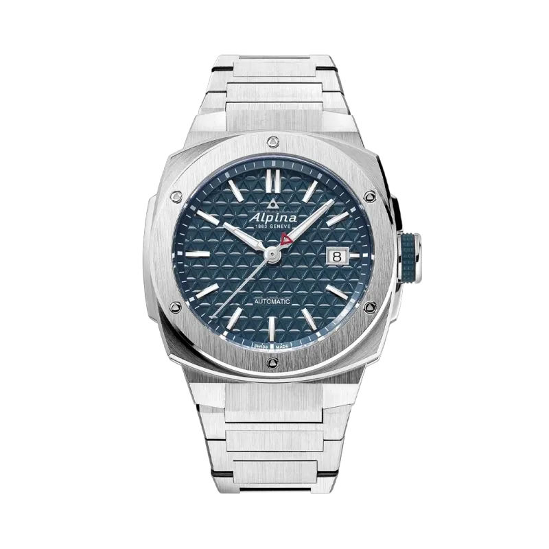 Alpina Alpiner Extreme Automatic herreklokke med automatisk verk, kasse og lenke i stål og blå tallskive.