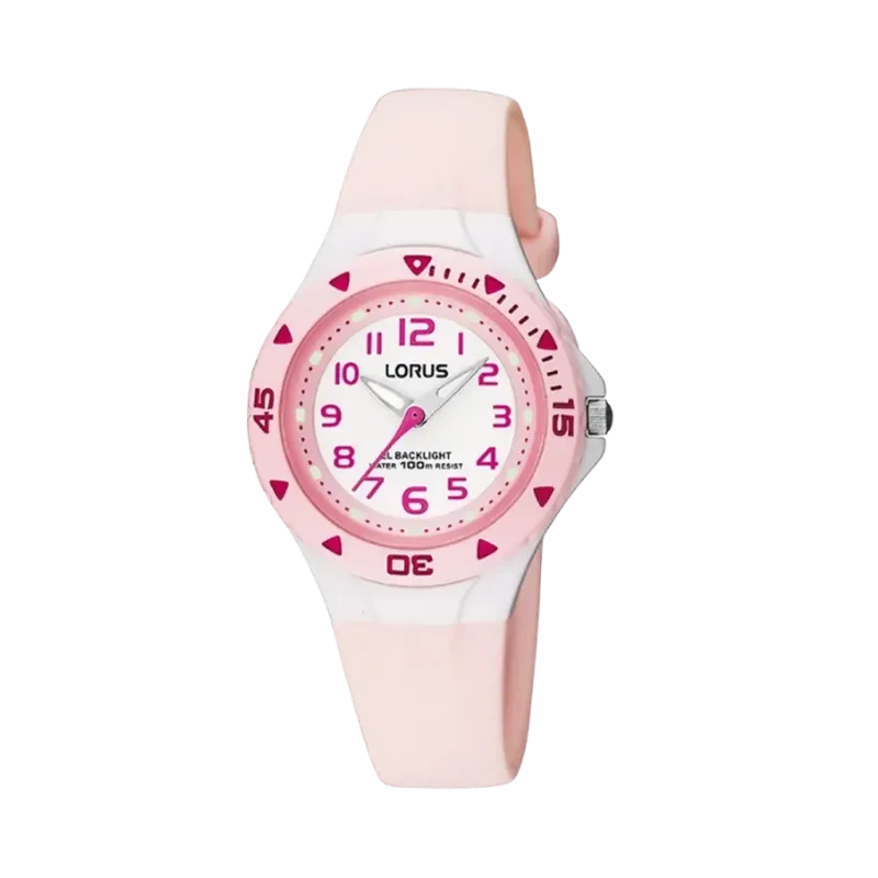 Rosa barneklokke med hvit skive