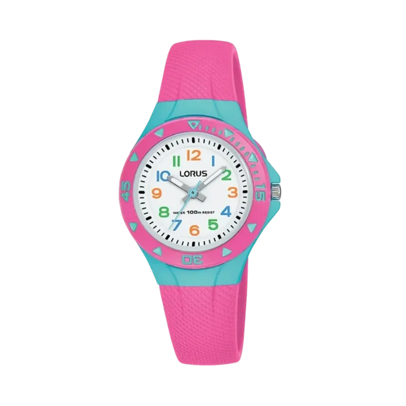 Rosa og turkis barneklokke med hvit skive