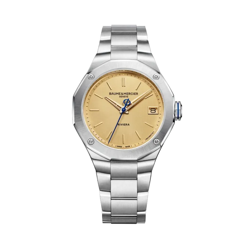 Baume & Mercier RIviera  med Baumatic-verk til herre på 39 mm. Gul skive, kasse og lenke i stål. 100 meter vanntett.