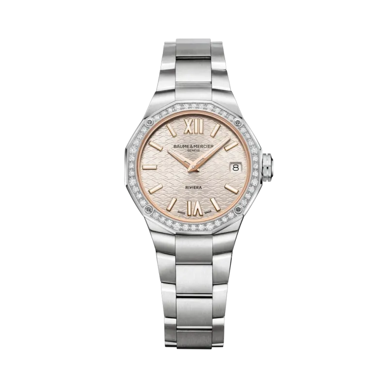 Baume & Mercier Riviera til dame med quartzverk, 44 diamanter, kasse og lenke i stål. 50 meter vanntett.