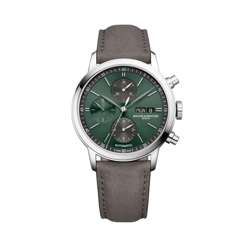 Baume & Mercier Classima kronograf til herre på 42 mm med grønn skive og brun skinnrem. Automatisk verk med 48 timer gangreserve. 