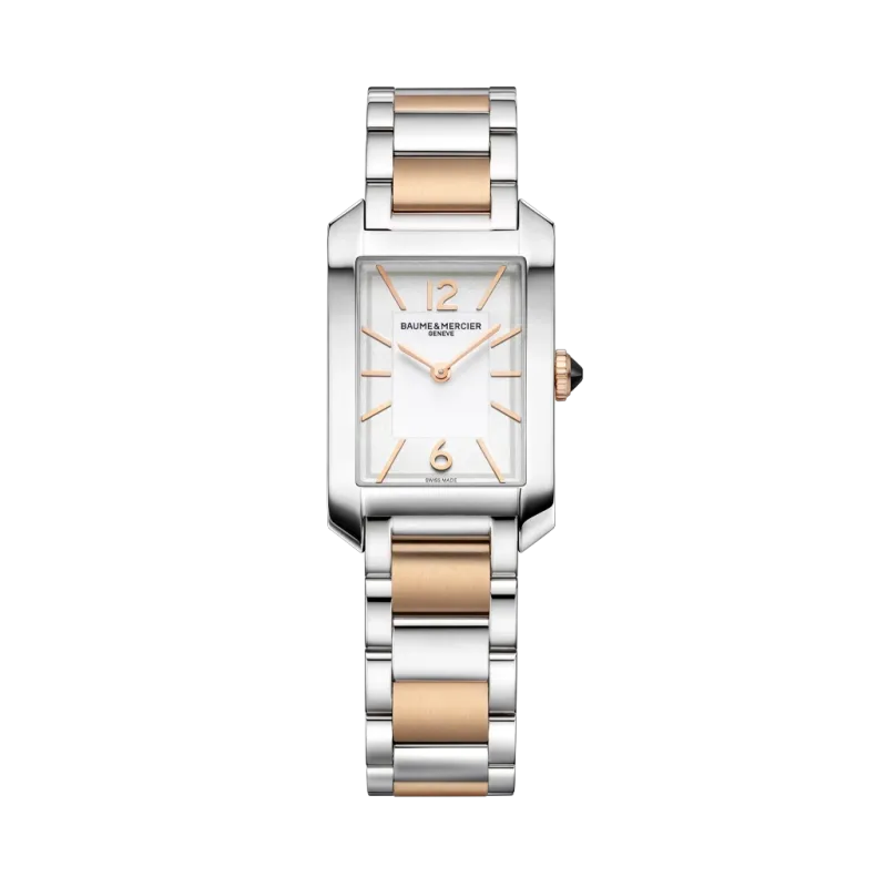 Baume & Mercier Hampton rektangulær dameklokke med quartzverk, hvit skive og kasse og lenke i PVD-belagt stål.