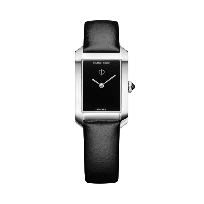 Baume & Mercier Hampton 10760 rektangulær dameklokke med quartzverk, sort skive og rem og kasse i stål. 
