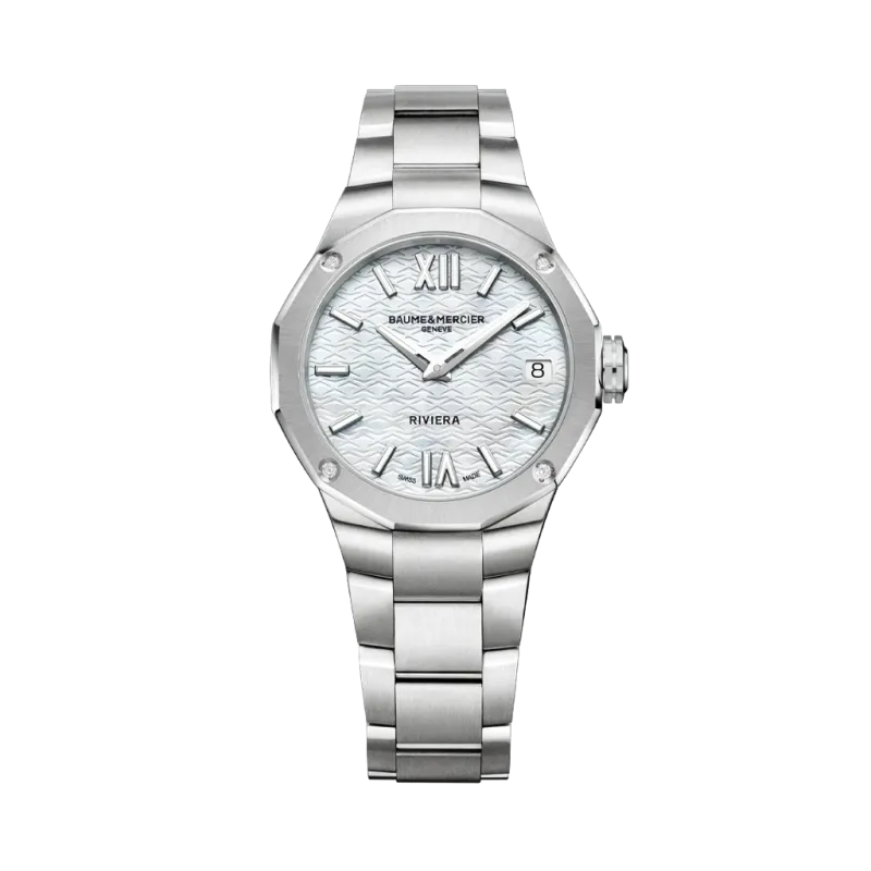 Baume & Mercier Riviera er en sporty klokke til dame med quartzverk, perlemorskive og stållenke.