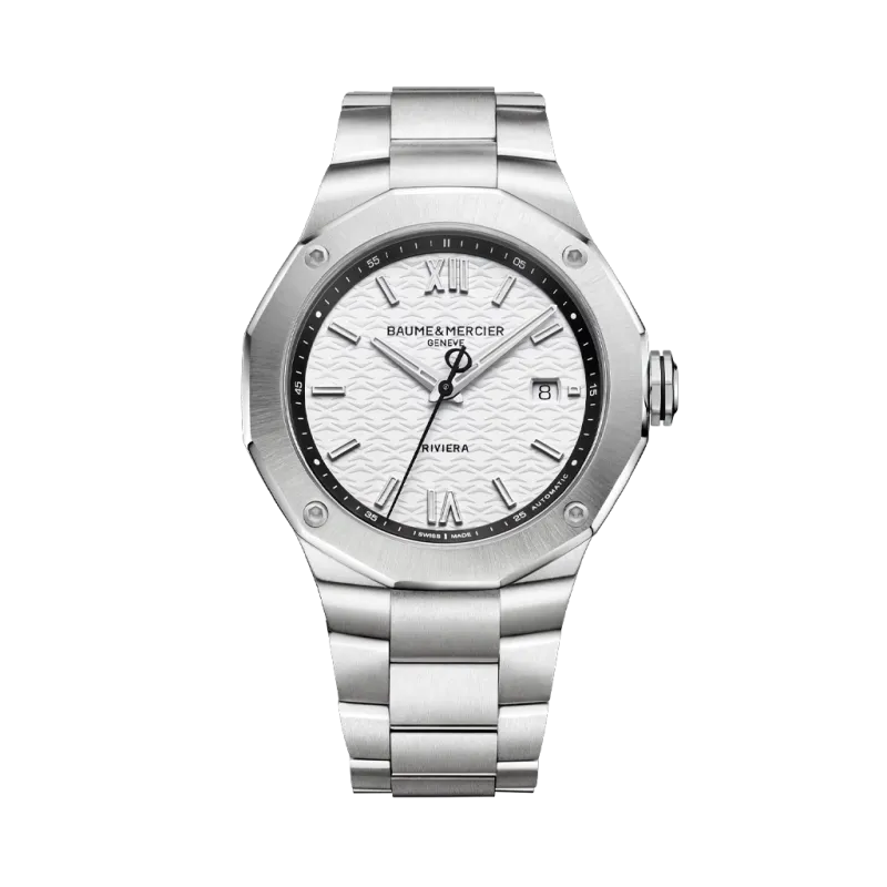Baume & Mercier Riviera til herre på 42 mm med automatisk verk, grå skive og stållenke. 100 meter vanntett.