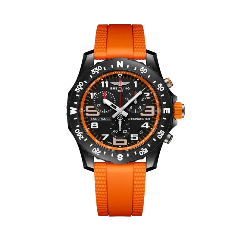 Breitling Endurance Pro 44 mm X82310A51B1S2 herreklokke med sort kasse i Breitlight, sort skive og oransje gummirem