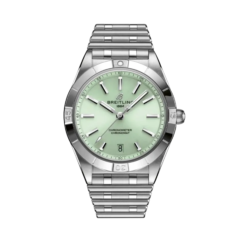 Breitling Chronomat A10380101L1A1 er en automatisk dameklokke på 36 mm med grønn skive og kasse og lenke i stål.