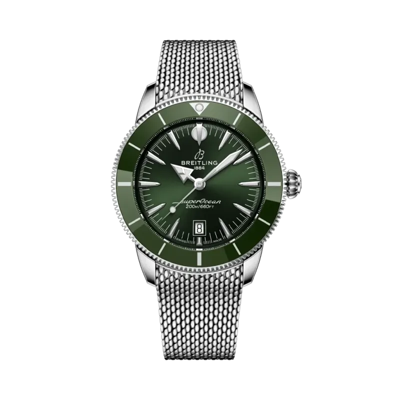 Breitling Superocean Heritage B31 Automatic 44 herreklokke med grønnskive og stållenke.