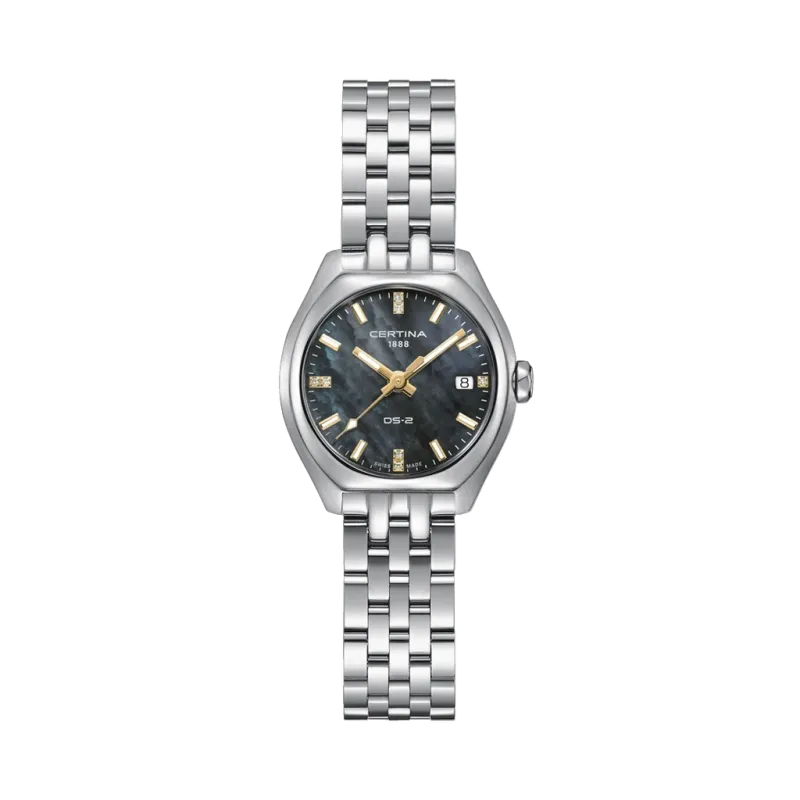 Certina DS-2 Lady C049.210.11.126.01 dameklokke med sort perlemorskive, quartzverk og lenke i stål. 
